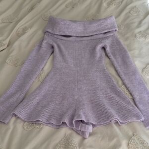 American Eagle Outfitters Lilac Off-the-Shoulder Ribbed Knit Sweater